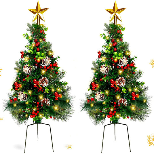 2 Packs 33 inch Outdoor Artificial Christmas Trees Decorations with 60 Lights for Porch Yard